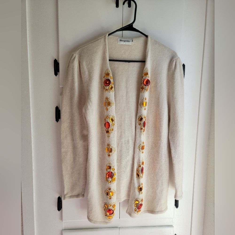 Magnolia Lambswool Beaded Jewel Embroidered Open Front Knit Cardigan medium